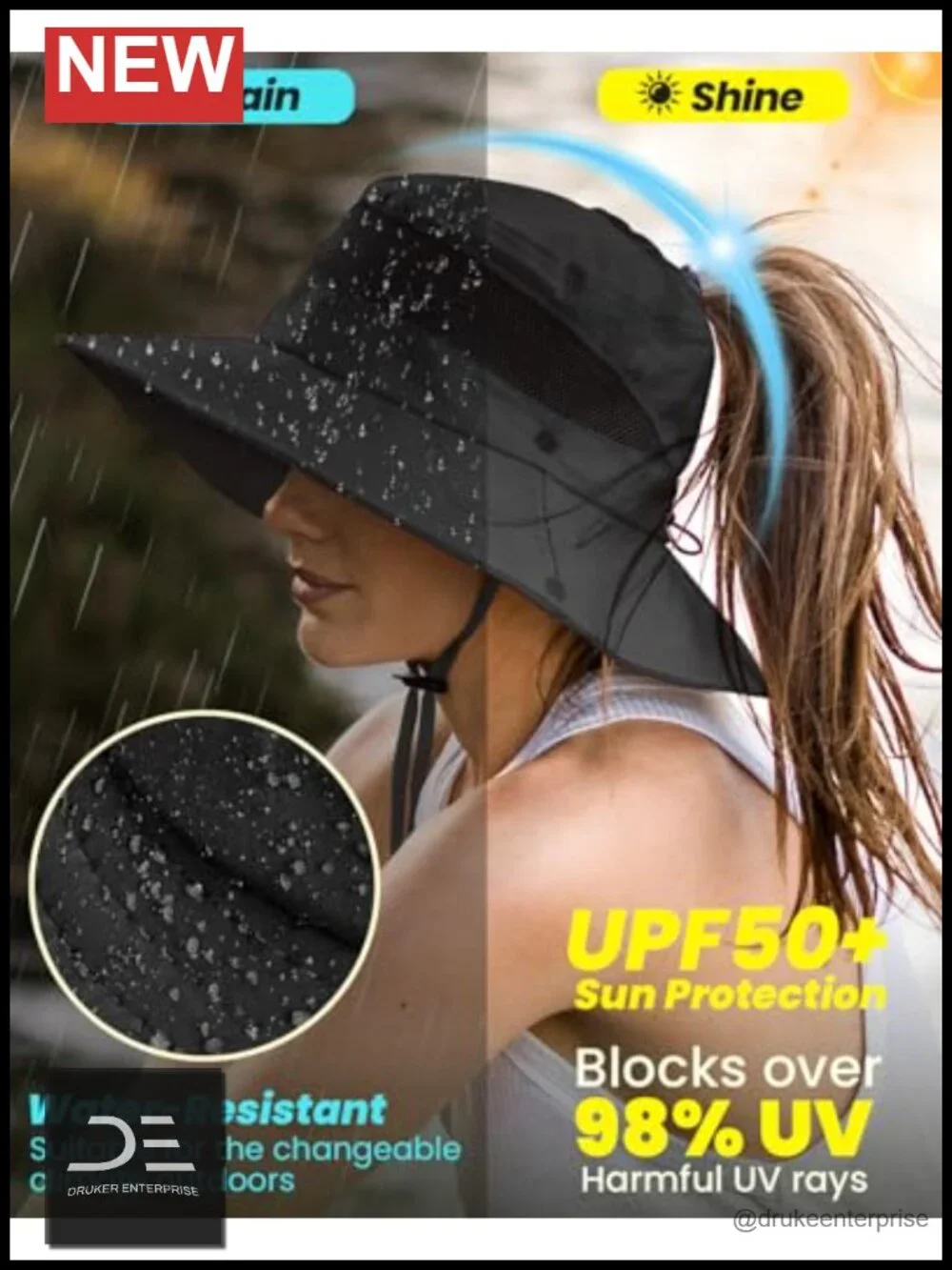 Bucket Hat with High Ponytail Opening, UPF 50+ Sun Protection, Waterproof,